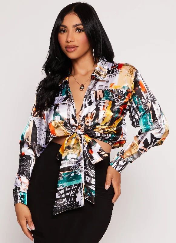 Satin Printed Long Sleeve Tie Front Blouse