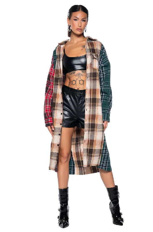 GRUNGE GIRL MIXED PATCHWORK OVERSIZED LONG PLAID TOP