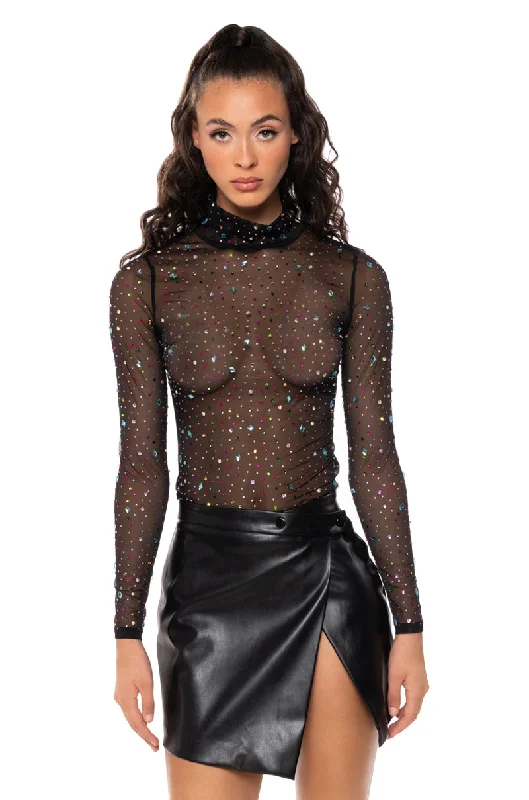 GLITZ AND GLAM LONG SLEEVE EMBELLISHED MESH TOP