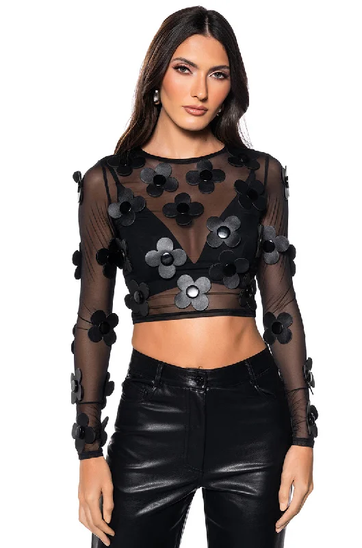 FAUX LEATHER FLOWER DETAIL LONG SLEEVE MESH TOP