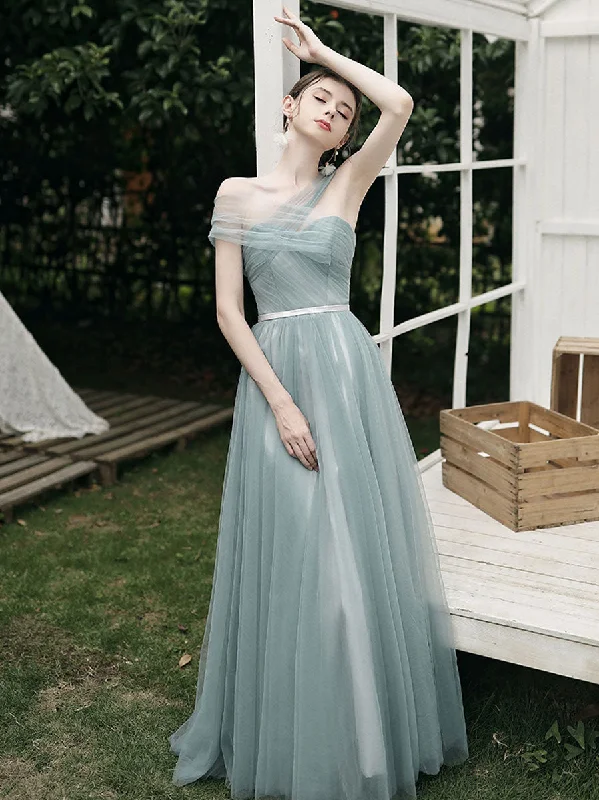 Simple A line Green Tulle Long Prom Dress, Green Tulle Bridesmaid Dresses