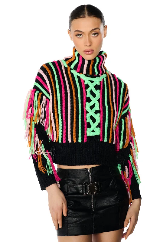 CHECK IT OUT LONG SLEEVE VIBRANT FRINGE DETAIL SWEATER