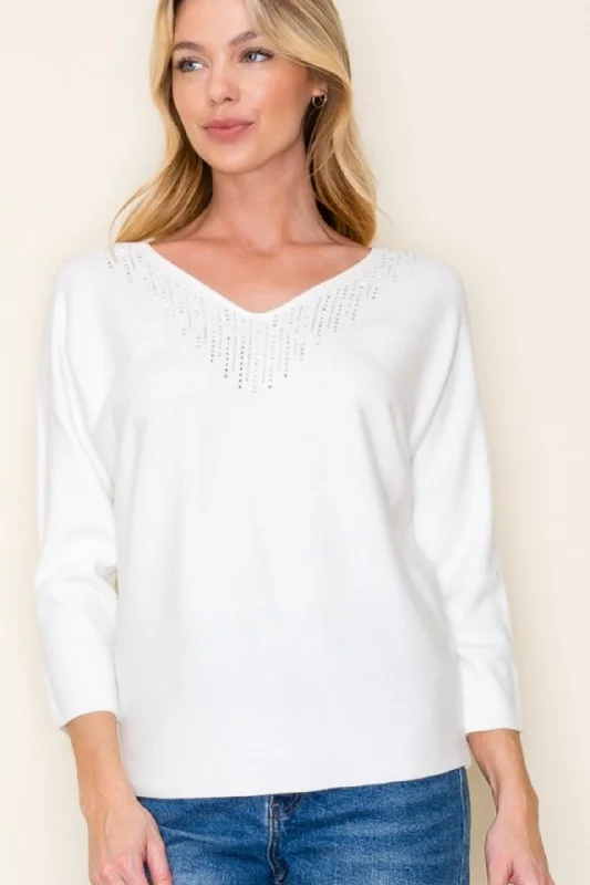 Ivory Rhinestone Dolman 3/4 Sleeve Top