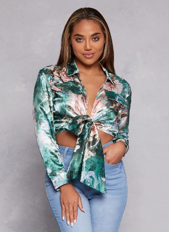 Satin Printed Long Sleeve Tie Front Blouse