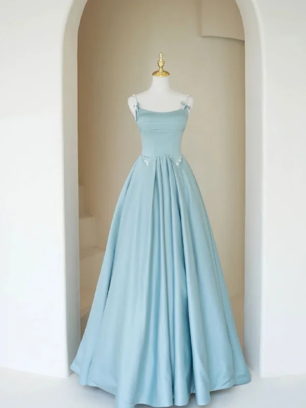 Simple A Line Satin Long Prom Dress, Blue Long Bridesmaid Dress