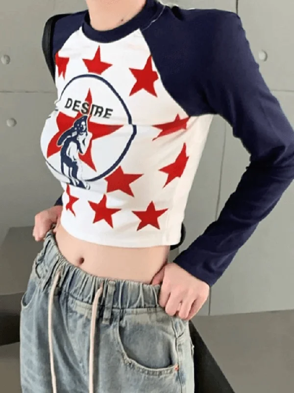 BerryBetty - Raglan Sleeve Star Print Crop Top