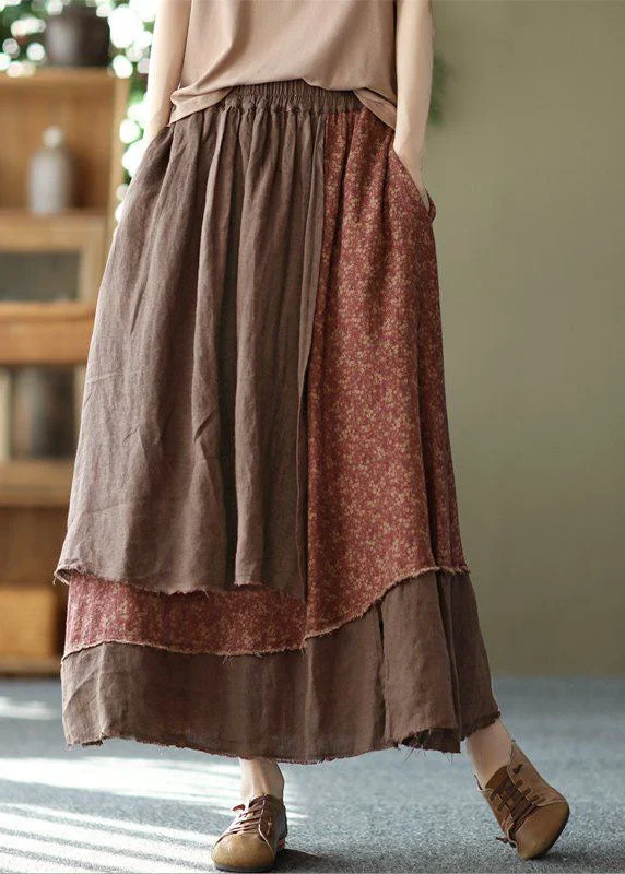 Coffee Pockets Patchwork Cotton Skirt Wrinkled Asymmetrical Spring