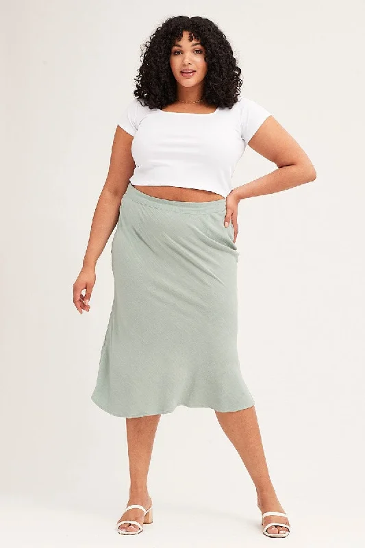 Green Elastic Waist Bias Linen Blend Skirt