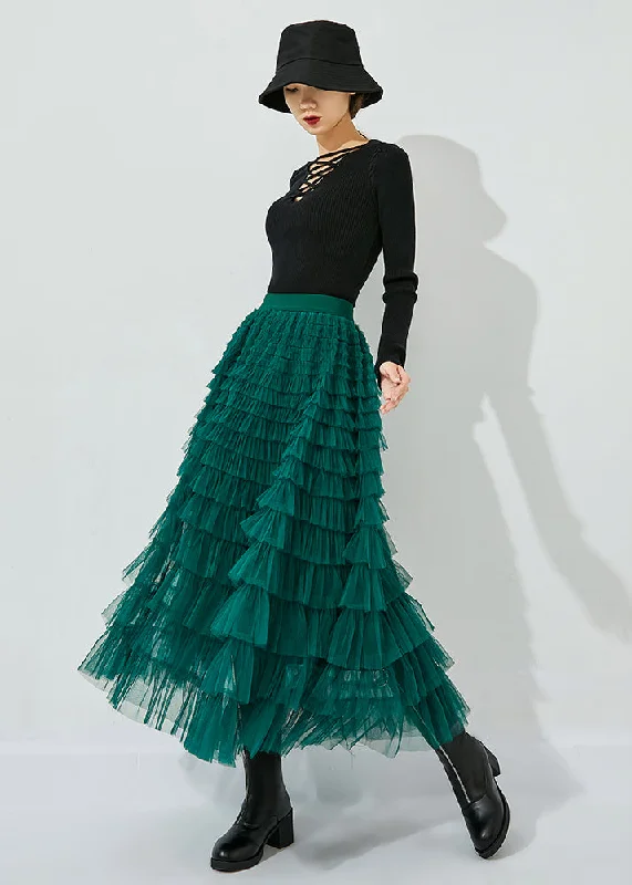 Classy Peacock Green Elastic Waist Layered Tulle Skirts Summer