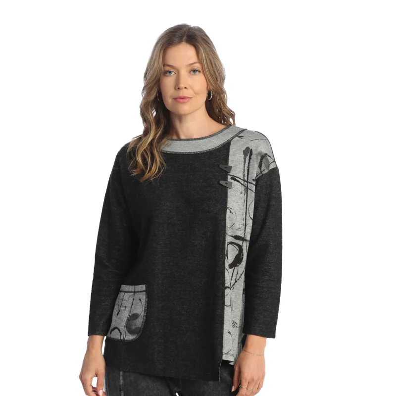 Jess & Jane "Newport" Fleece Tunic Top with Printed Pocket in Black - SF5-1887