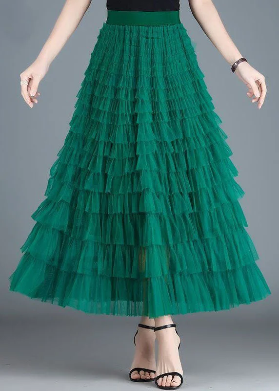 French Green Wrinkled Patchwork Elastic Waist Tulle Skirt Spring