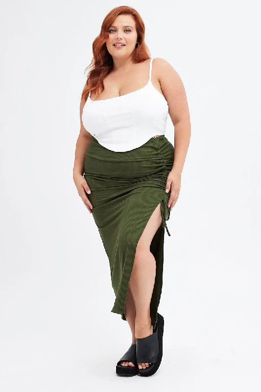 Green Rib Jersey Side Gathering Midi Skirt