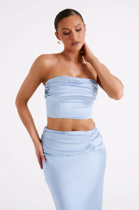 Khalani Ruched Strapless Satin Top - Ice Blue