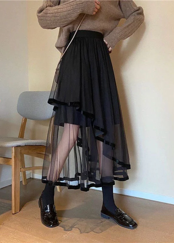 Modern Black Wrinkled Asymmetrical Patchwork Tulle Skirts Spring