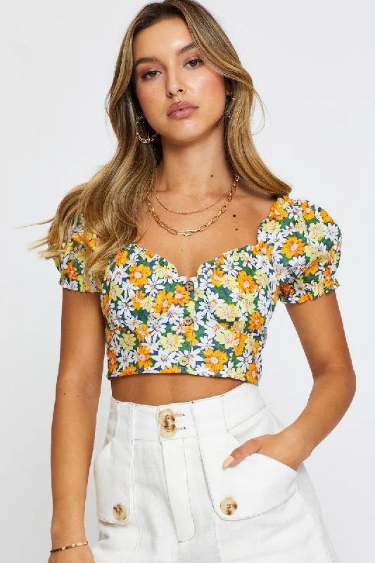 Print Crop Top Off Shoulder Short Sleeve