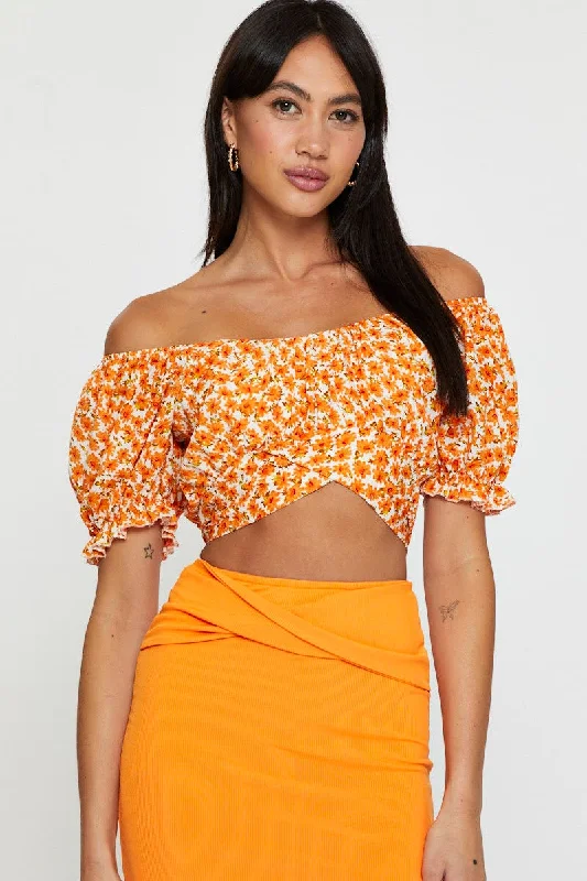 Print Crop Top Short Sleeve Off Shoulder