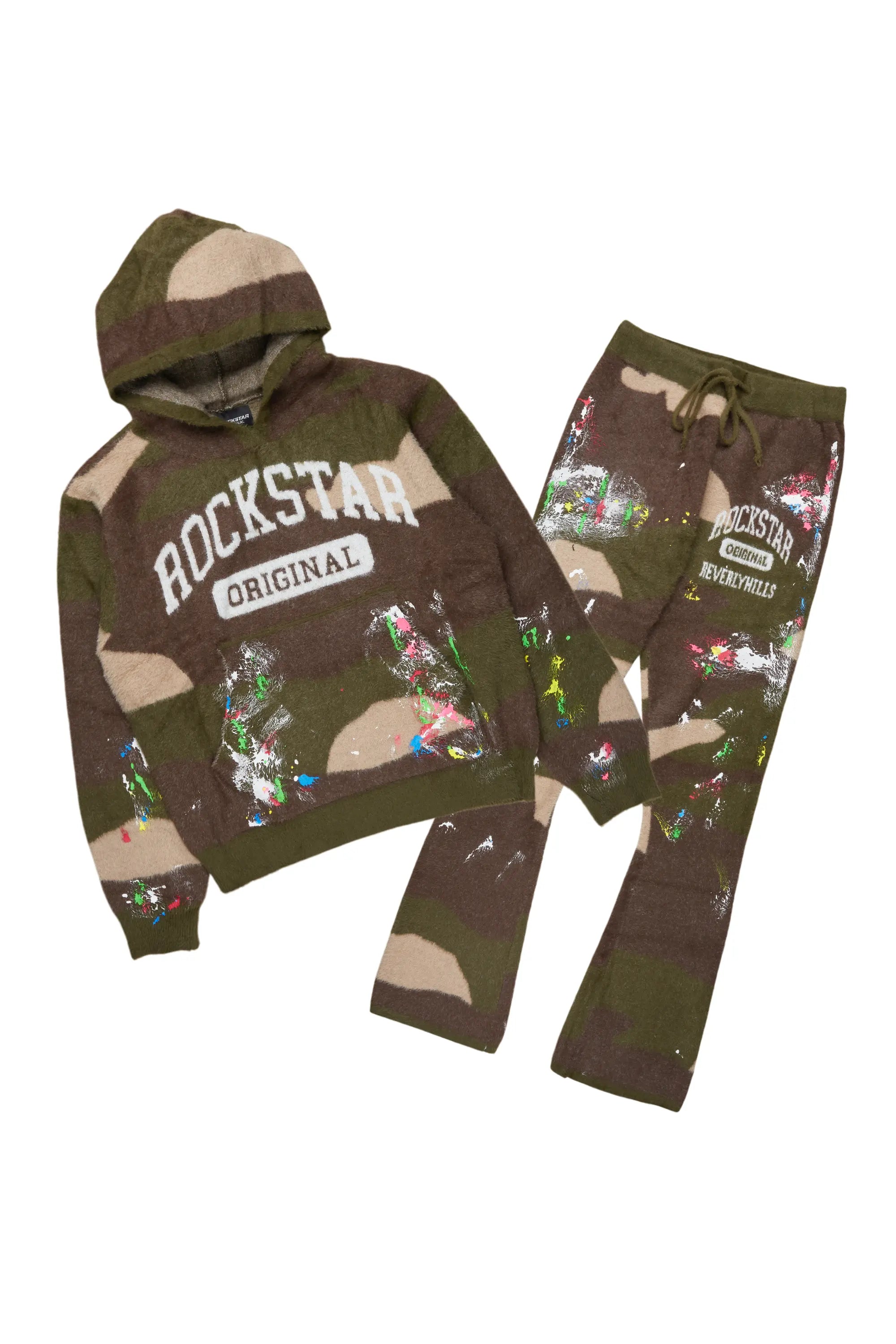 Rasul Green Camo Stacked Flare Knitted Mohair Track Set