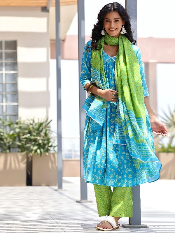 Blue Printed Cotton A-Line Kurta With Palazzos & Dupatta