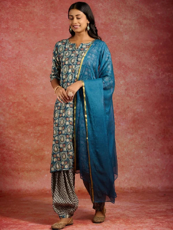 Blue Printed Silk Blend Straight Suit With Dupatta