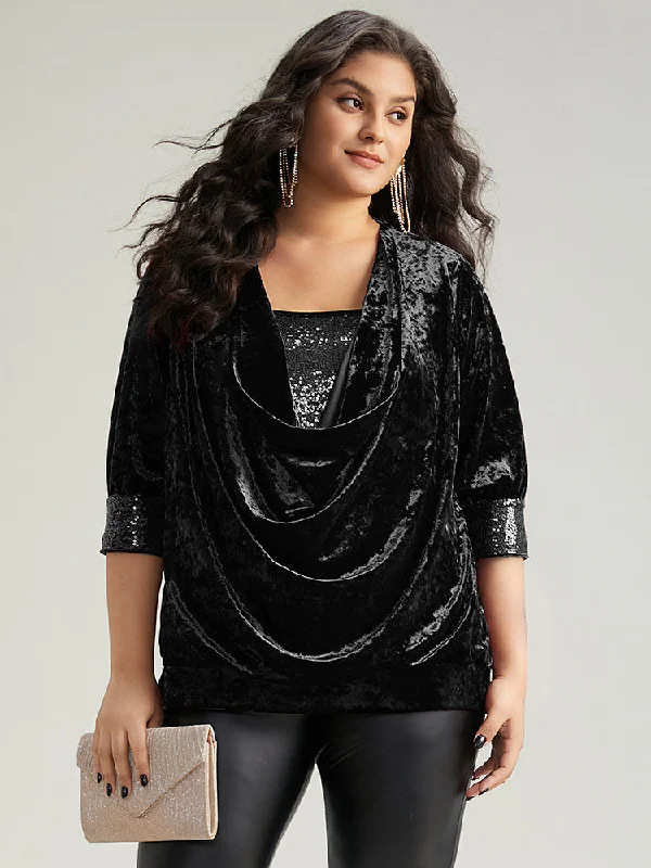 Cowl Neck 2-In-1 Sequin Patchwork Blouse