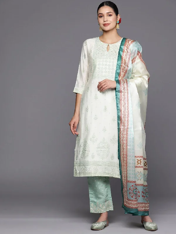 Cream Printed Chanderi Silk Straight Kurta With Trousers & Dupatta