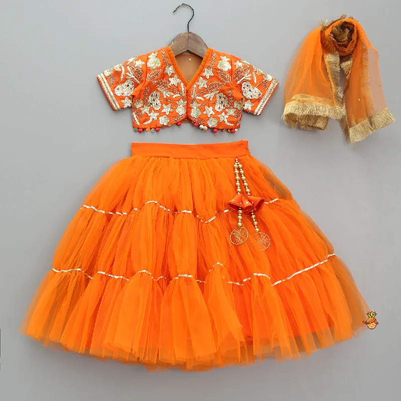 Front Open Embroidered Orange Top And Tiered Net Lehenga With Fringes Dupatta