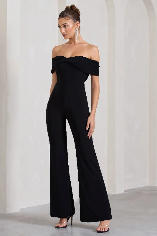 Gemma | Black Bardot Open-Back Flared-Leg Jumpsuit