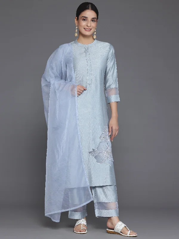 Grey Solid Silk Blend Straight Suit With Dupatta