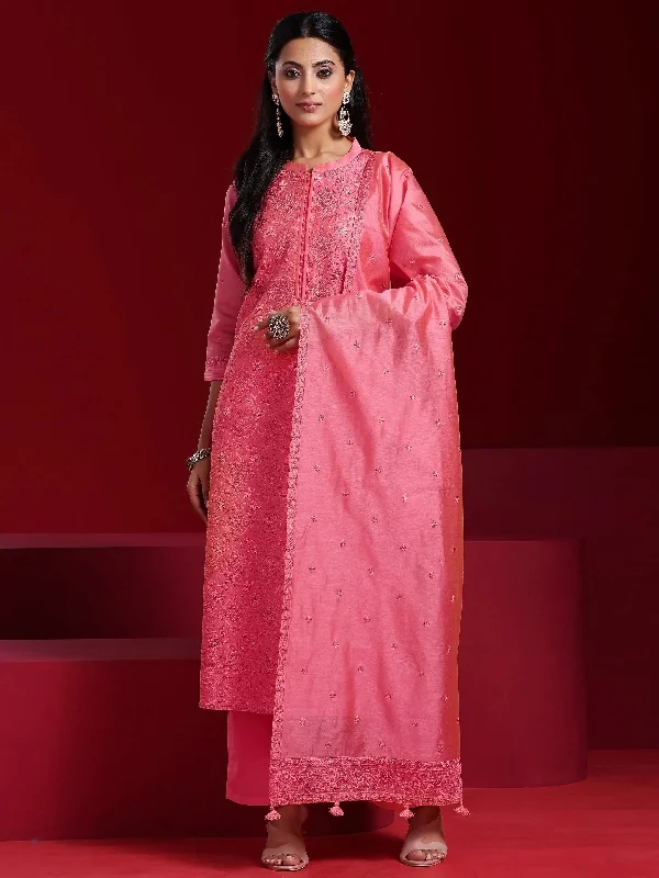 Libas Art Coral Embroidered Chanderi Silk Straight Suit With Dupatta