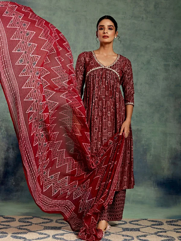 Maroon Printed Silk Blend A-Line Kurta With Palazzos & Dupatta