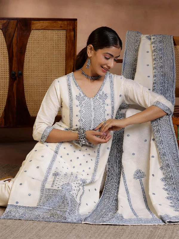 Off White Woven Design Chanderi Silk Straight Suit With Dupatta