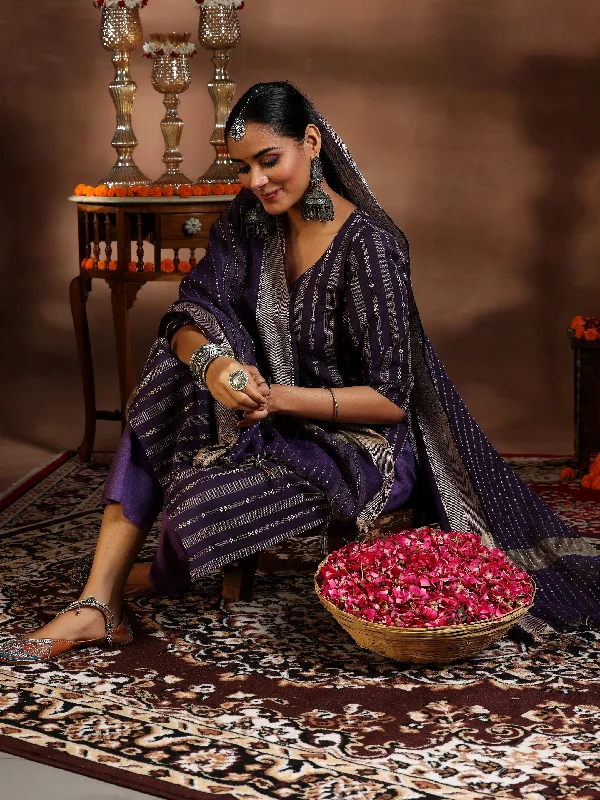 Purple Woven Design Cotton Blend Straight Suit With Dupatta