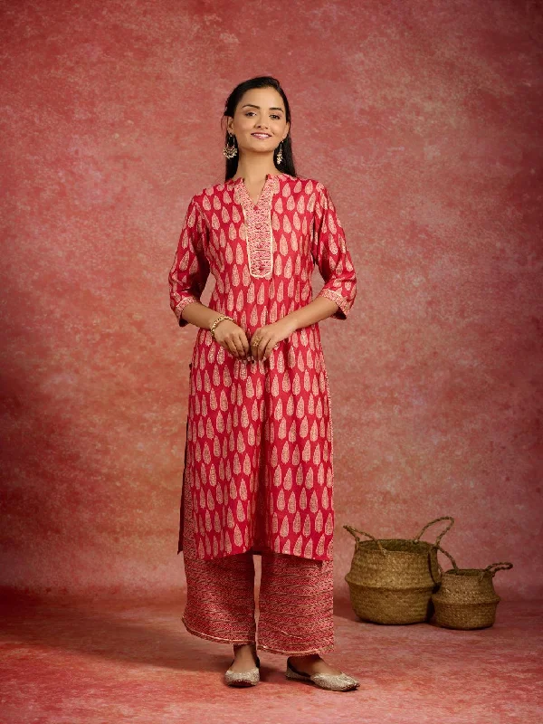 Red Printed Silk Blend Straight Kurta Set