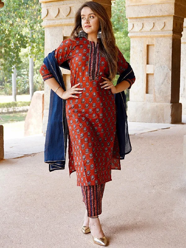 Rust Printed Cotton Straight Suit With Dupatta