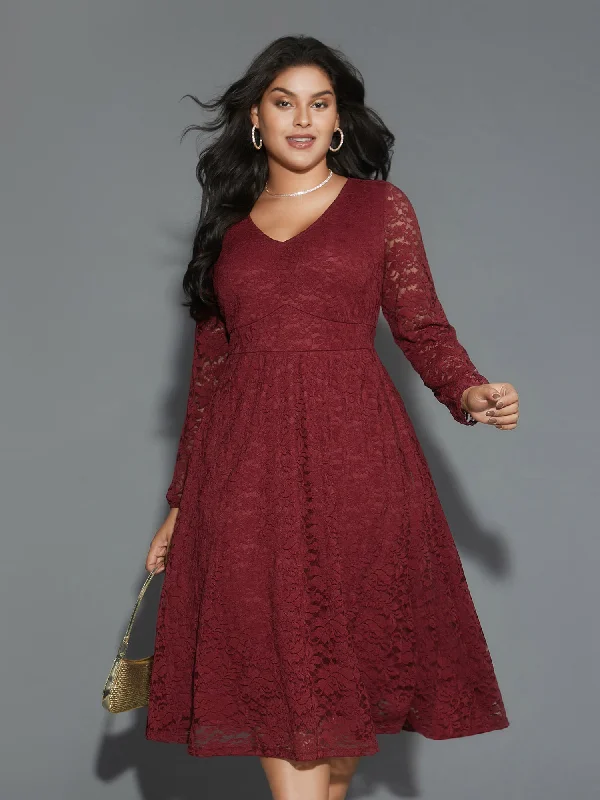 Solid Lace Patchwork Lantern Sleeve Dress