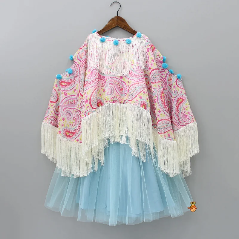 Stylish Fringes Cape Top And Blue Net Lehenga