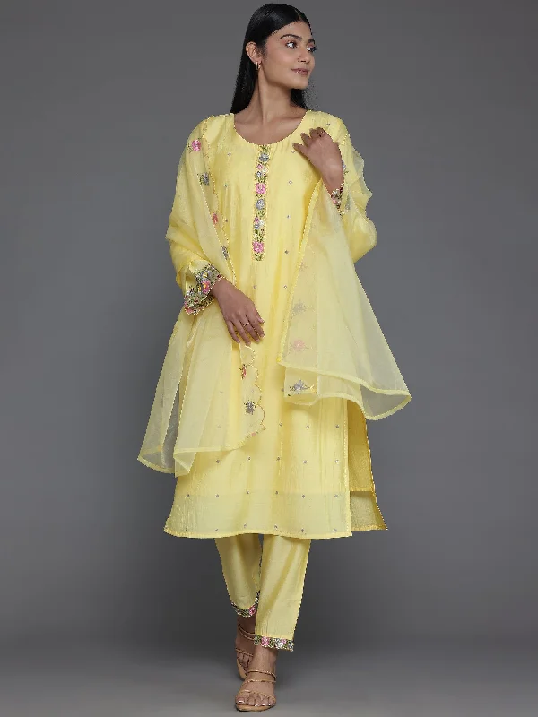 Yellow Embroidered Silk Blend Straight Suit With Dupatta