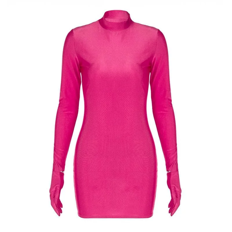 BerryBetty - High neck long sleeve gloves solid mini dress