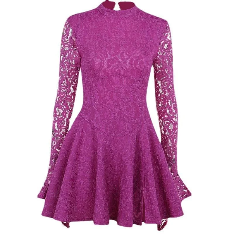 BerryBetty - Lace hem long sleeve zip-up lace up backless solid ruffle mini dress