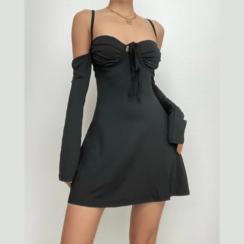 BerryBetty - Lace up solid cross back off shoulder long sleeve mini dress