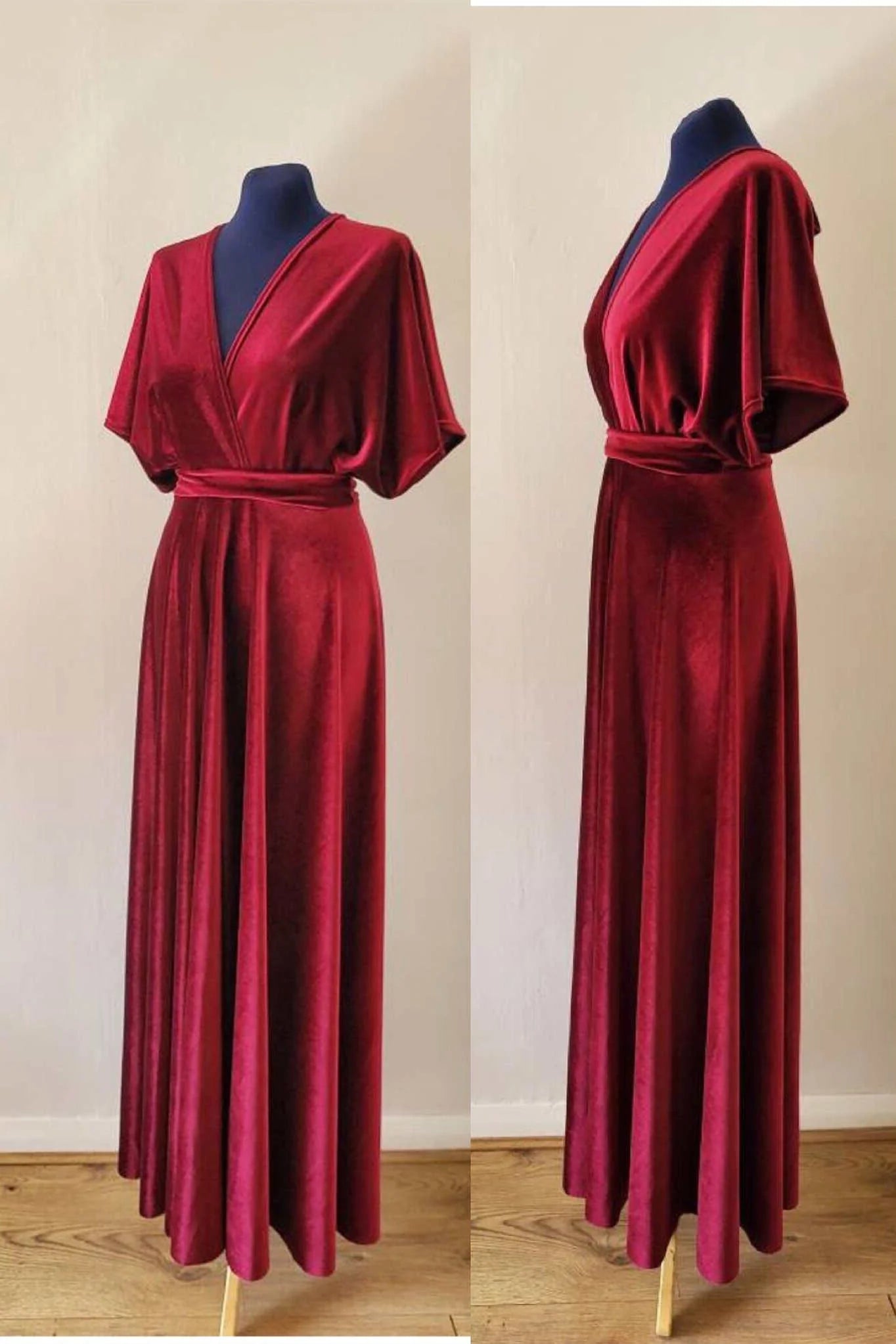 Burgundy Velvet Winter Formal Dresses V-Neck Long Bridesmaid Dress