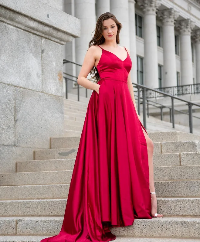 Sexy V neck Split Backless Red Bridesmaid Dresses with pockets Dress