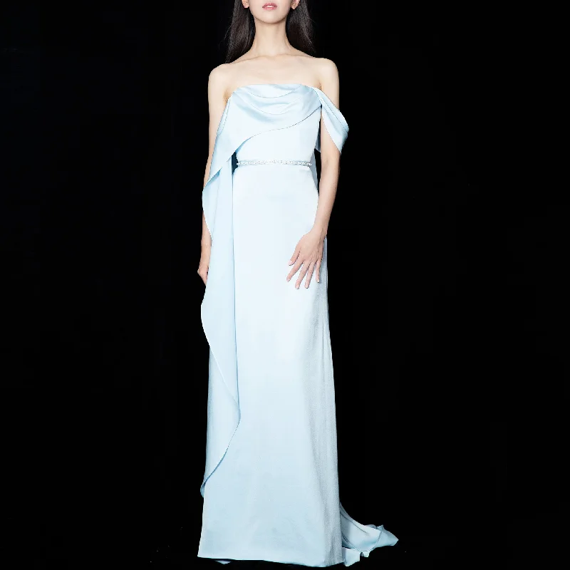 Women's Light Blue Wedding Guest Dresses Bridesmaid Gowns with One Shoulder