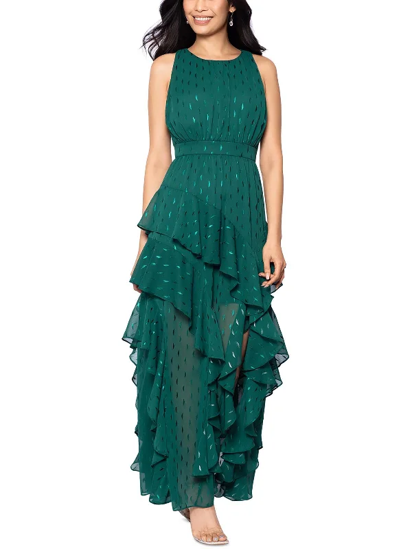 Womens Metallic Cascade Ruffle Evening Dress