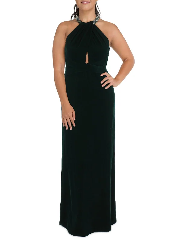 Womens Velvet Embellished Evening Dress