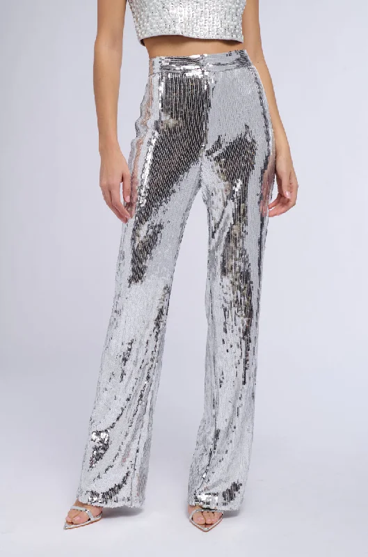 DISCO FEVER SEQUIN EMBELLISHED HIGH WAIST FLARE PANT IN SILVER