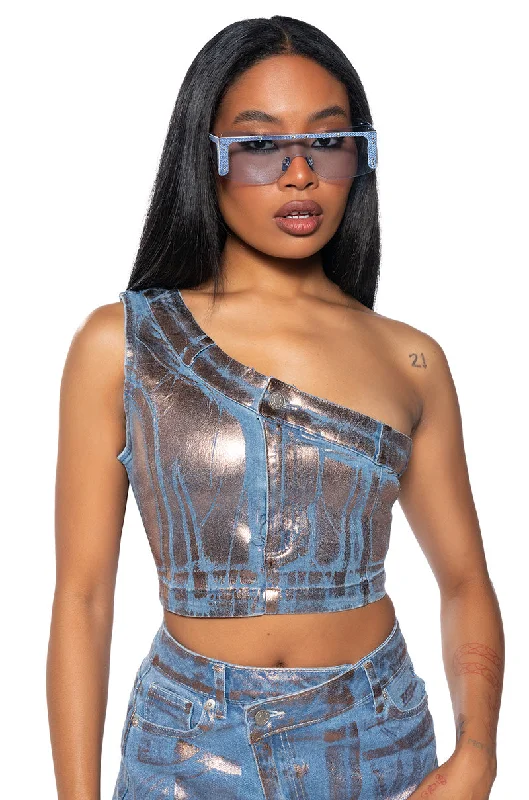 DIVINE TIMING CROPPED METALLIC DENIM TOP